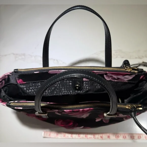 KATE SPADE Crossbody Nylon Tote, P436 Black Pink Roses - Picture 12 of 16